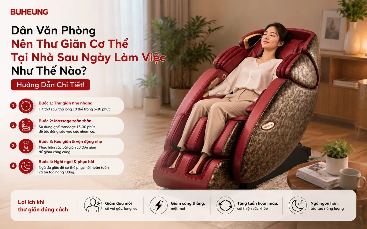 Dân văn phòng mệt mỏi sau giờ làm việc đang thư giãn tại nhà trên ghế massage, giảm căng thẳng và đau mỏi vai gáy.
