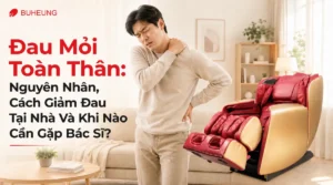 Hình ảnh người mệt mỏi, uể oải, đau nhức toàn thân, tay ôm vai và lưng, thể hiện nỗi lo chung về sức khỏe. Ghế massage giúp giảm đau.