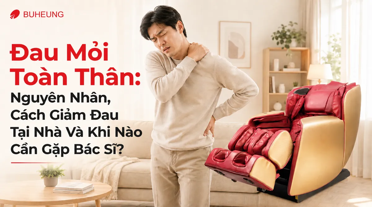 Đau Mỏi Toàn Thân: Nguyên Nhân, Cách Giảm Đau Tại Nhà Và Khi Nào Cần Gặp Bác Sĩ? 1 Hình ảnh người mệt mỏi, uể oải, đau nhức toàn thân, tay ôm vai và lưng, thể hiện nỗi lo chung về sức khỏe. Ghế massage giúp giảm đau.