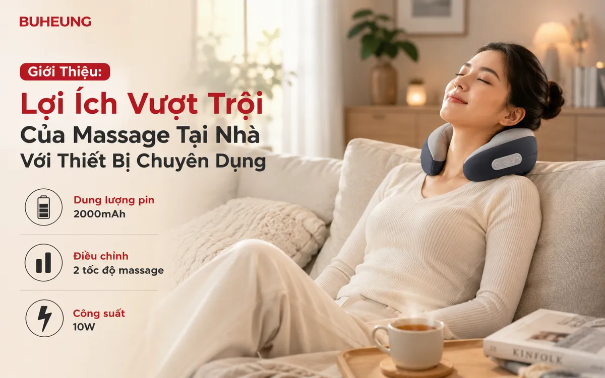 Người phụ nữ thư giãn thoải mái tại nhà với gối massage cổ, không gian sống ấm cúng, biểu tượng lợi ích của thiết bị massage tại nhà.