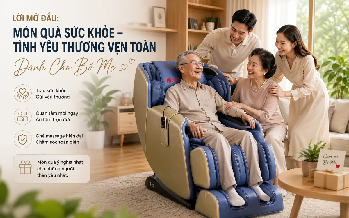 Hình ảnh gia đình sum vầy tặng ghế massage cho bố mẹ, thể hiện tình yêu thương và sự báo hiếu, món quà sức khỏe ý nghĩa.