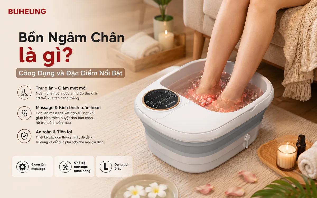 Bồn Ngâm Chân và Máy Massage Chân: Lựa Chọn Nào Tốt Nhất Cho Sức Khỏe Đôi Chân Bạn? 2 Cận cảnh bồn ngâm chân massage Buheung MK-202 đang hoạt động với nước ấm và bọt khí, mang lại trải nghiệm thư giãn thủy liệu pháp cho đôi chân.