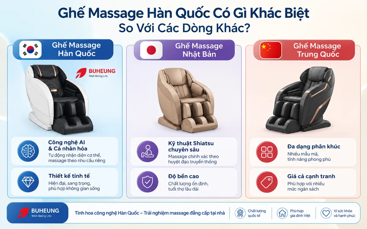 Infographic so sánh đặc điểm nổi bật của ghế massage Hàn Quốc (đại diện là Buheung Transformer LUX 9800) với ghế massage Nhật Bản và Trung Quốc, làm rõ công nghệ AI, thiết kế và trị liệu chuyên sâu.