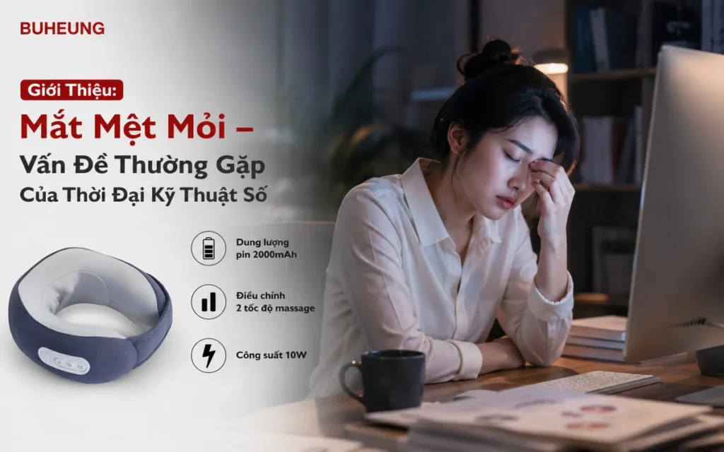 Hình ảnh người trẻ mệt mỏi, hai tay dụi mắt khi làm việc với máy tính trong thời đại số hóa, biểu hiện tình trạng mắt mệt mỏi do màn hình.