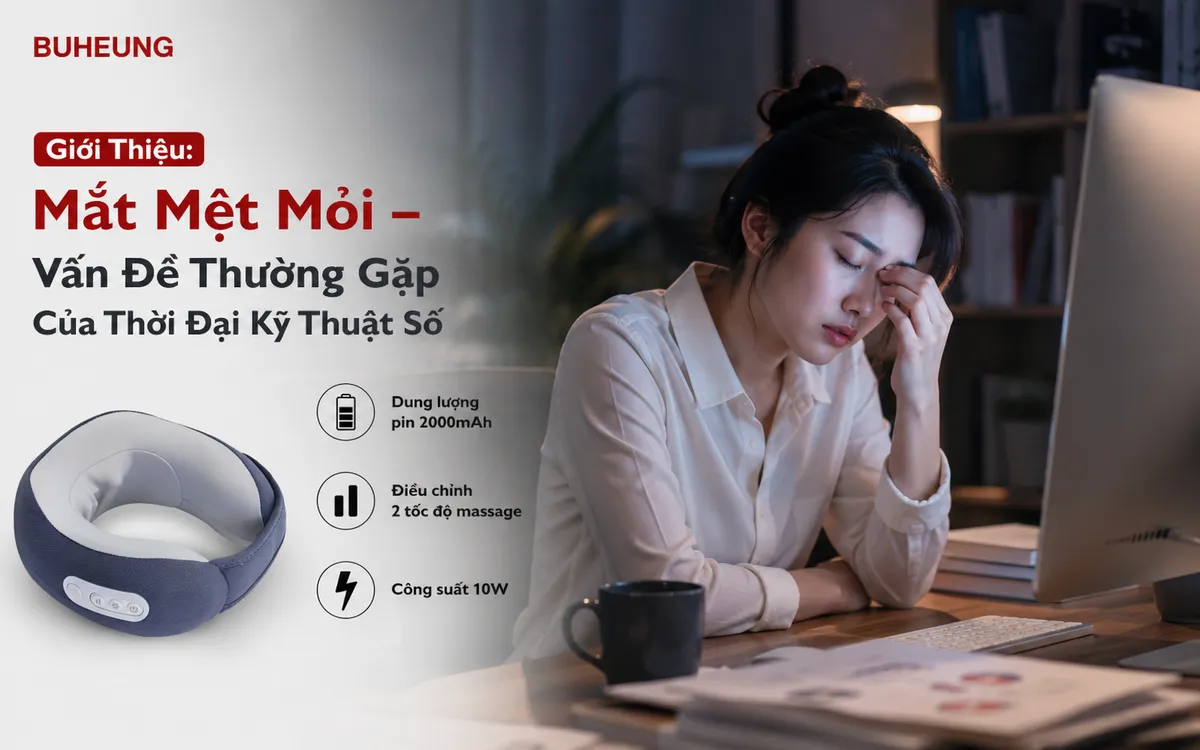 Hình ảnh người trẻ mệt mỏi, hai tay dụi mắt khi làm việc với máy tính trong thời đại số hóa, biểu hiện tình trạng mắt mệt mỏi do màn hình.