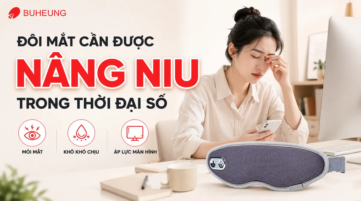 Có Nên Mua Máy Massage Mắt Không? Đánh Giá Chi Tiết Từ A-Z Buheung 1 Hình ảnh người làm việc với máy tính mệt mỏi, mắt căng thẳng trong thời đại số, nhấn mạnh nhu cầu sử dụng máy massage mắt Buheung để thư giãn và chăm sóc đôi mắt.