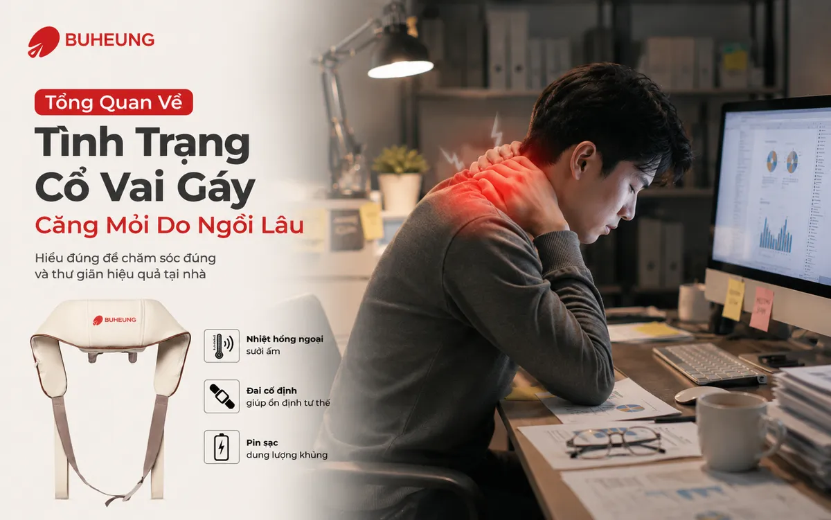 Hình ảnh người nhân viên văn phòng ngồi làm việc sai tư thế, cúi gằm cổ, lưng gù gây căng mỏi cổ vai gáy, minh họa vấn đề đau cổ vai gáy do ngồi lâu.