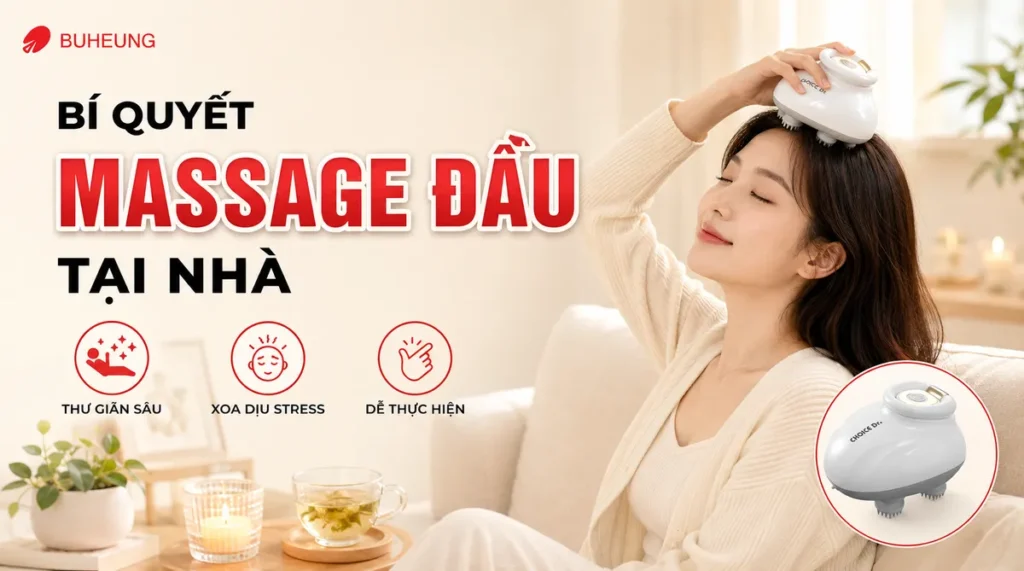 Hình ảnh người phụ nữ đang tự massage đầu tại nhà trong không gian thư giãn với ánh sáng dịu, nến thơm, tượng trưng cho sự giảm căng thẳng và chăm sóc tóc khỏe mạnh. (massage đầu tại nhà, thư giãn)