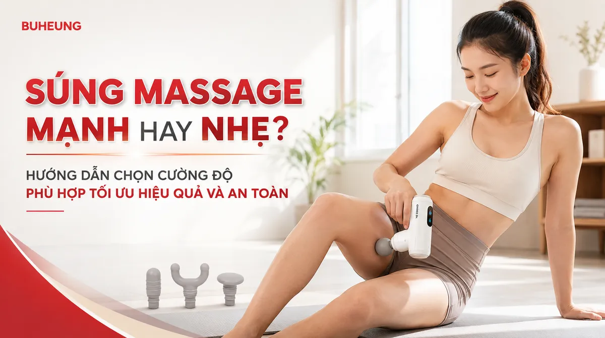 Hình ảnh súng massage Buheung MK-330 đang hoạt động, hiển thị cường độ, giúp người dùng chọn mức phù hợp để tối ưu hiệu quả và an toàn.
