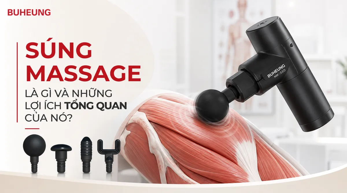 Cận cảnh súng massage Buheung MK-330 hoạt động trên mô hình cơ bắp, giải thích cơ chế