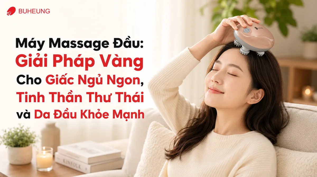 Người dùng đang thư giãn với máy massage đầu Buheung, khuôn mặt thể hiện sự thoải mái và giảm căng thẳng.