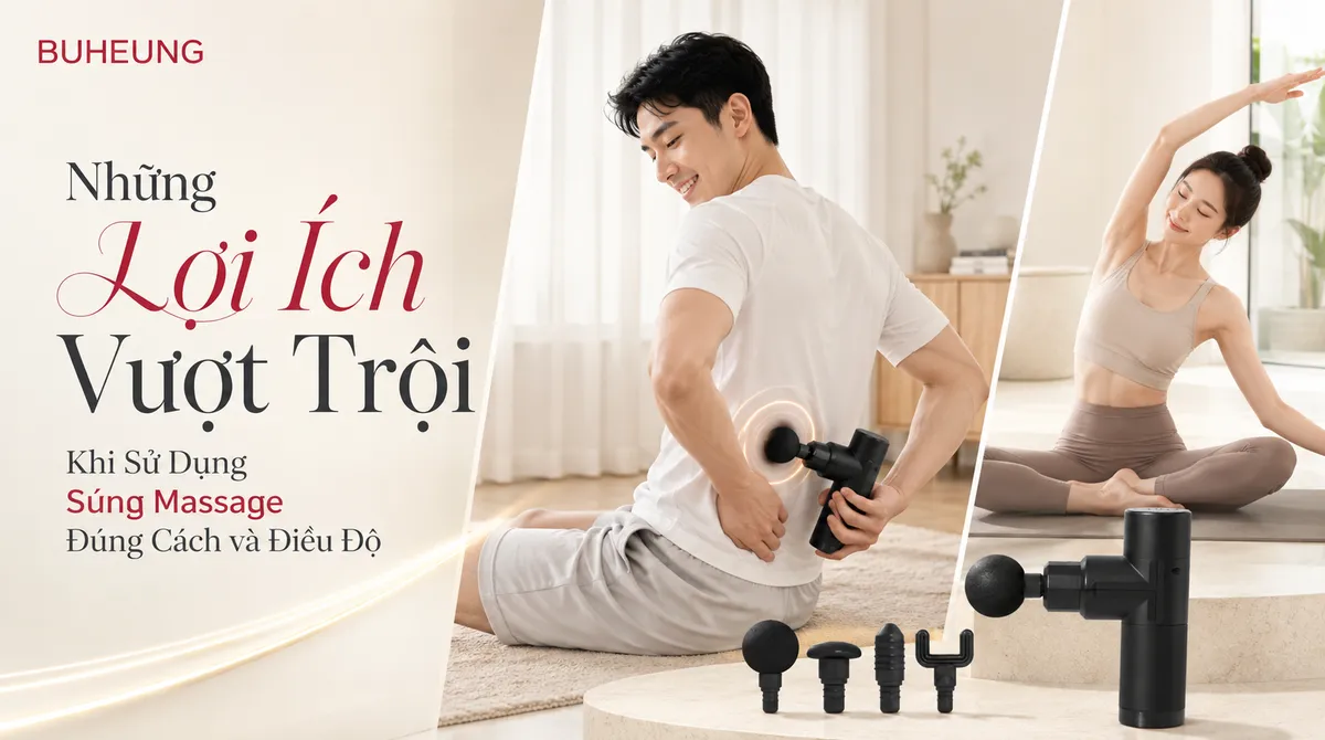 Hình ảnh minh họa lợi ích của súng massage: một người đang thư giãn với súng massage Buheung và một người đang tập thể dục linh hoạt, thể hiện sự giảm đau và tăng cường vận động. Từ khóa: lợi ích súng massage, giảm đau, tăng linh hoạt, phục hồi cơ.