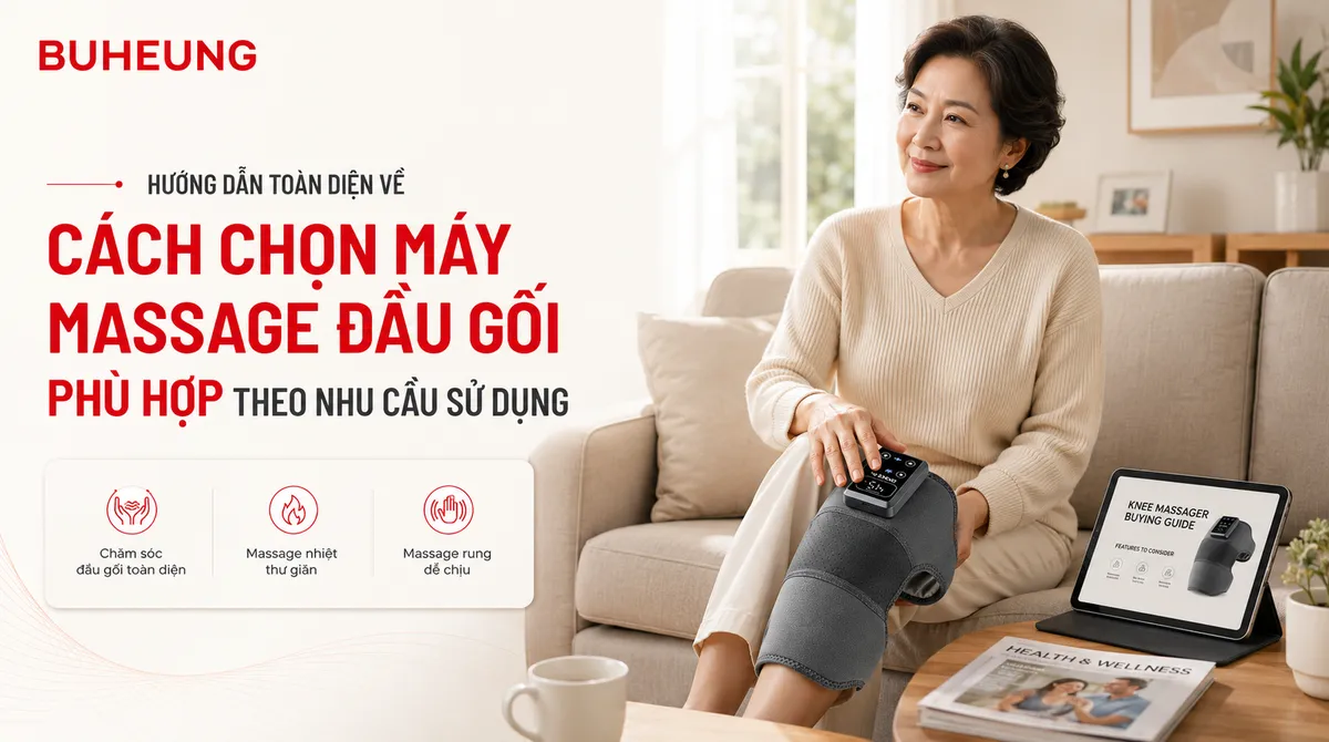 Hình ảnh minh họa cách chọn máy massage đầu gối phù hợp, thể hiện người dùng đang cân nhắc và sử dụng thiết bị chăm sóc sức khỏe khớp gối hiệu quả tại nhà.