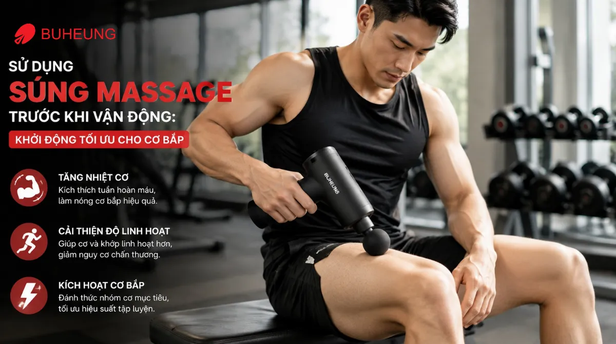 Người dùng súng massage Buheung MK-330 khởi động bắp đùi trước khi tập luyện