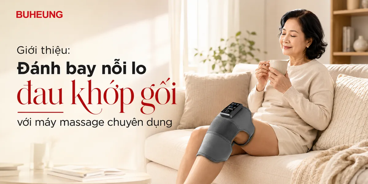 Người lớn tuổi thư giãn với máy massage đầu gối Choice Dr. DC-004 tại nhà, giảm đau khớp gối và tăng cường tuần hoàn.
