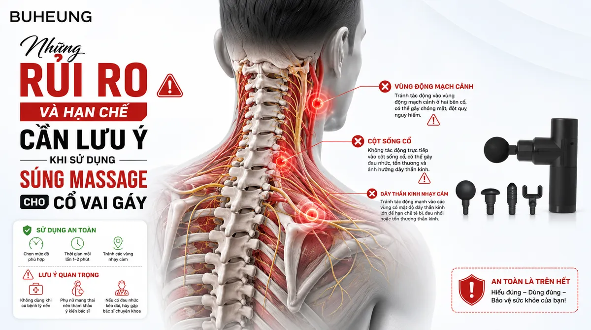 Biểu tượng cảnh báo các vùng nhạy cảm trên cổ và vai gáy như cột sống, động mạch cần tránh khi sử dụng súng massage để phòng ngừa rủi ro.