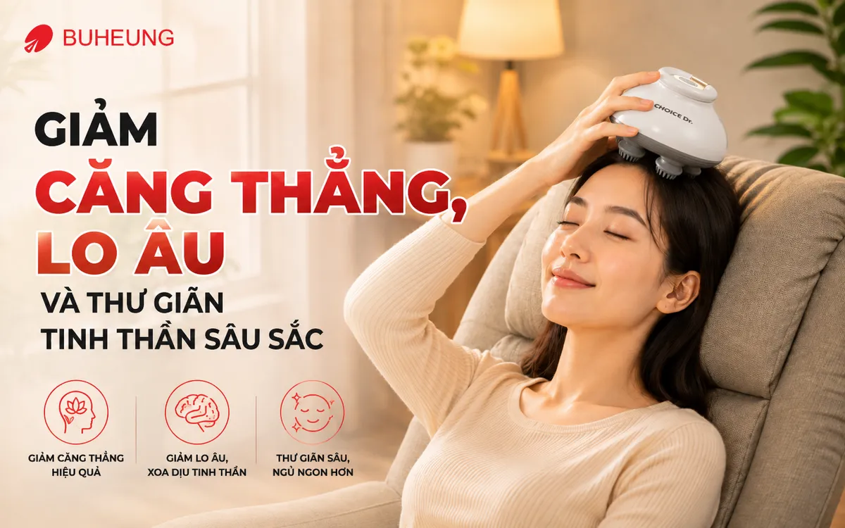 Hình ảnh một người đang nhắm mắt thư thái sử dụng máy massage đầu Choice Dr. DC-005, thể hiện sự giảm căng thẳng, lo âu và thư giãn tinh thần sâu sắc.