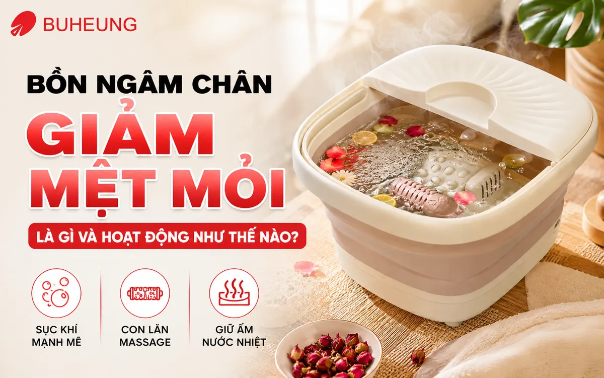 Hình ảnh cận cảnh bồn ngâm chân giảm mệt mỏi đang hoạt động với chế độ sục khí và con lăn massage, minh họa cơ chế thư giãn hiệu quả.