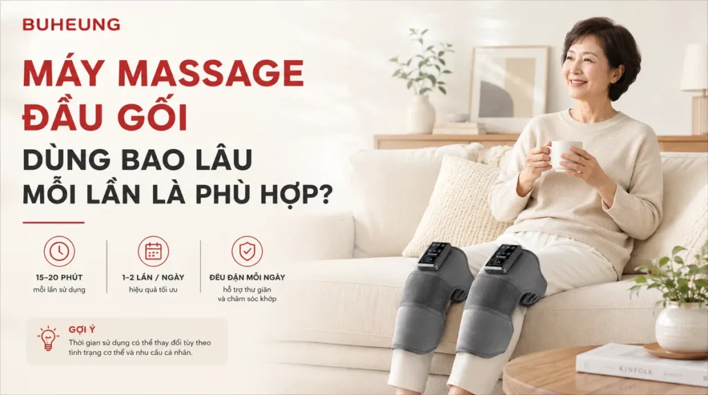 Máy Massage Đầu Gối Dùng Bao Lâu Mỗi Lần Là Phù Hợp? Hướng Dẫn Chi Tiết Từ Chuyên Gia 1 Người dùng đang thư giãn với máy massage đầu gối trong không gian sống thoải mái, mang lại sự thoải mái và giảm đau khớp gối.