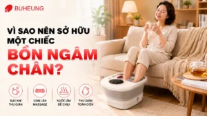 Hình ảnh một người đang thư giãn với bồn ngâm chân massage, khuôn mặt hài lòng trong không gian ấm cúng, nhấn mạnh lợi ích giảm mệt mỏi và cải thiện sức khỏe.