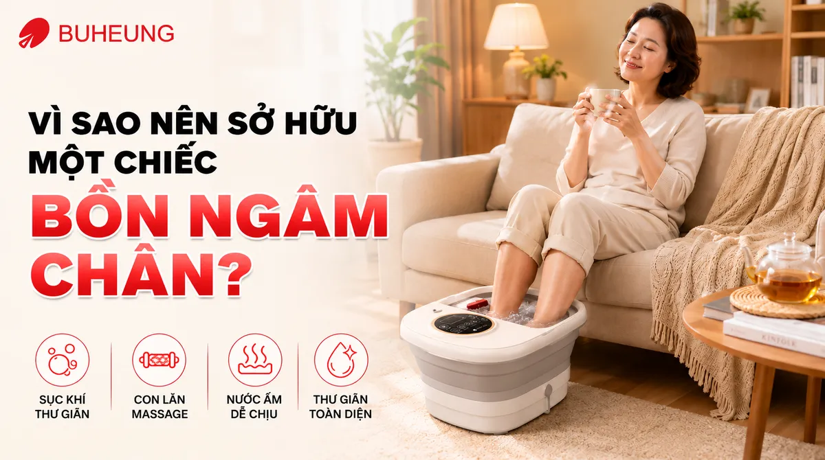 So Sánh Bồn Ngâm Chân Chi Tiết: Hướng Dẫn Chọn Mua Loại Tốt Nhất 2024 1 Hình ảnh một người đang thư giãn với bồn ngâm chân massage, khuôn mặt hài lòng trong không gian ấm cúng, nhấn mạnh lợi ích giảm mệt mỏi và cải thiện sức khỏe.