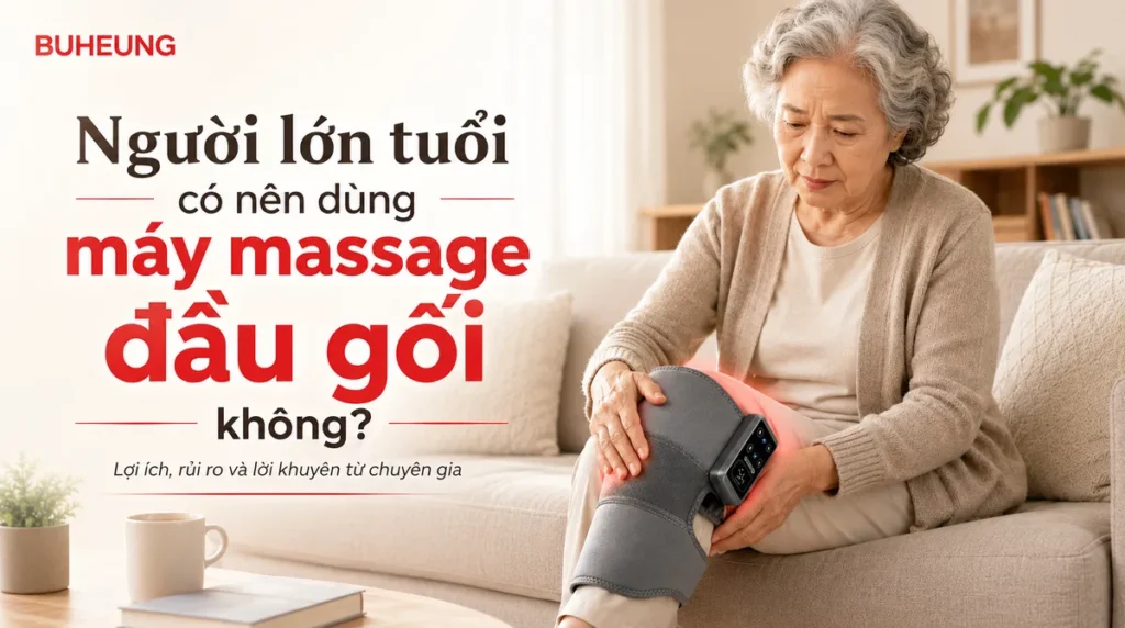 Người phụ nữ lớn tuổi đang xoa bóp đầu gối đau nhức, thể hiện sự thấu hiểu nỗi lo đau khớp gối.