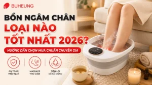 Người phụ nữ thư thái ngâm chân trong bồn massage, thể hiện lợi ích giảm đau nhức, cải thiện tuần hoàn máu và hỗ trợ giấc ngủ sâu.