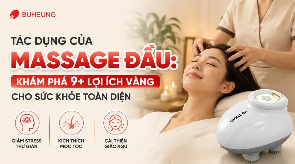 Hình ảnh một người đang được massage đầu nhẹ nhàng tại spa hoặc tự massage đầu, thể hiện tác dụng thư giãn của massage đầu.