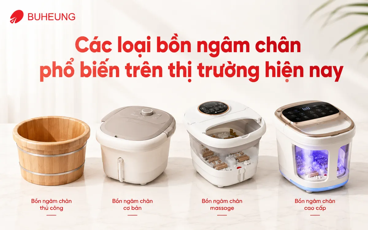 So Sánh Bồn Ngâm Chân Chi Tiết: Hướng Dẫn Chọn Mua Loại Tốt Nhất 2024 2 Hình ảnh minh họa các loại bồn ngâm chân khác nhau: thủ công, điện cơ bản, massage chuyên sâu và spa cao cấp, giúp so sánh và lựa chọn bồn ngâm chân phù hợp.