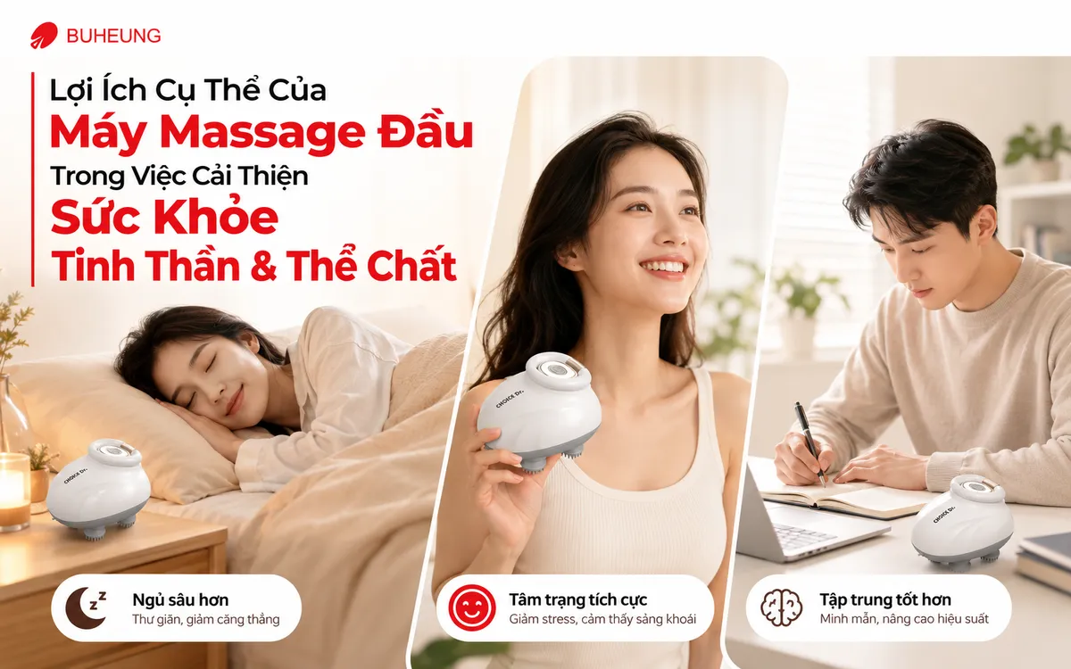 Tổng hợp các lợi ích của máy massage đầu giảm stress: ngủ sâu, tinh thần vui vẻ và tập trung làm việc hiệu quả.