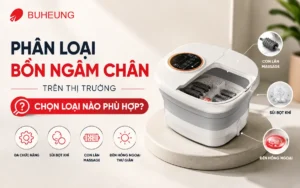 Hình ảnh các loại bồn ngâm chân khác nhau, từ bồn ngâm chân massage đa năng hiện đại đến các loại có tính năng sưởi ấm, sủi bọt và đèn hồng ngoại.