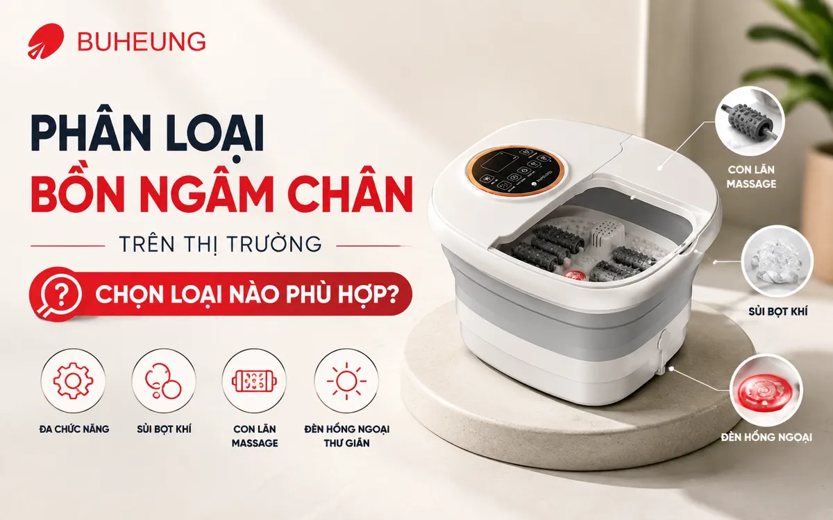 Kinh nghiệm mua bồn ngâm chân: Bí quyết chọn sản phẩm ưng ý, tốt nhất 2026 1 Hình ảnh các loại bồn ngâm chân khác nhau, từ bồn ngâm chân massage đa năng hiện đại đến các loại có tính năng sưởi ấm, sủi bọt và đèn hồng ngoại.