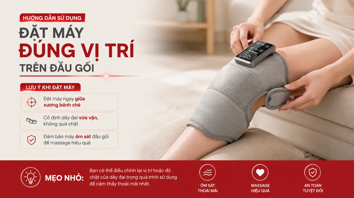 Hình ảnh minh họa cách đặt máy massage đầu gối Choice Dr. DC-004 đúng vị trí trên khớp gối, cố định an toàn và vừa vặn để đạt hiệu quả massage tối ưu.