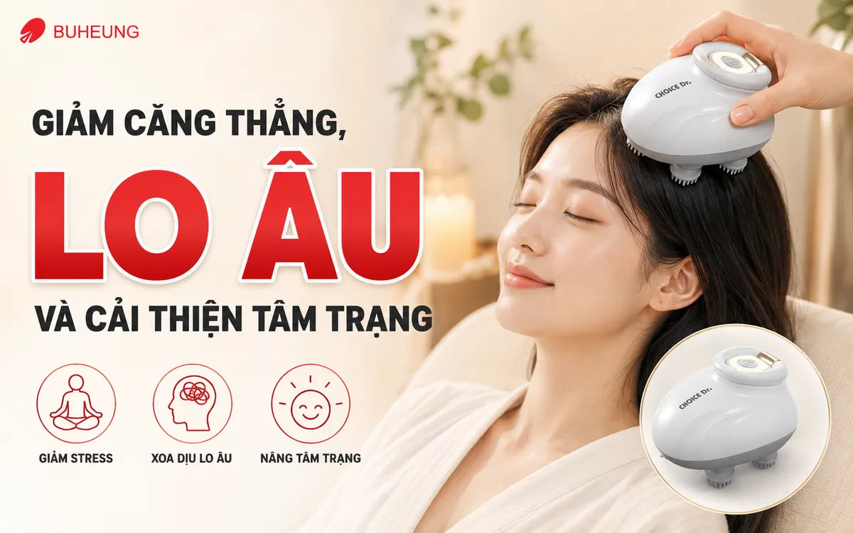 Người phụ nữ thư giãn massage đầu, giảm căng thẳng lo âu, cải thiện tâm trạng, nụ cười hạnh phúc.