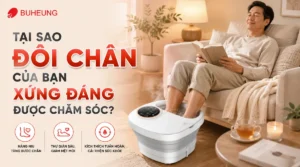 Hình ảnh đôi chân mệt mỏi được thư giãn trong bồn ngâm chân massage, mang lại cảm giác dễ chịu và giảm đau nhức sau ngày dài.