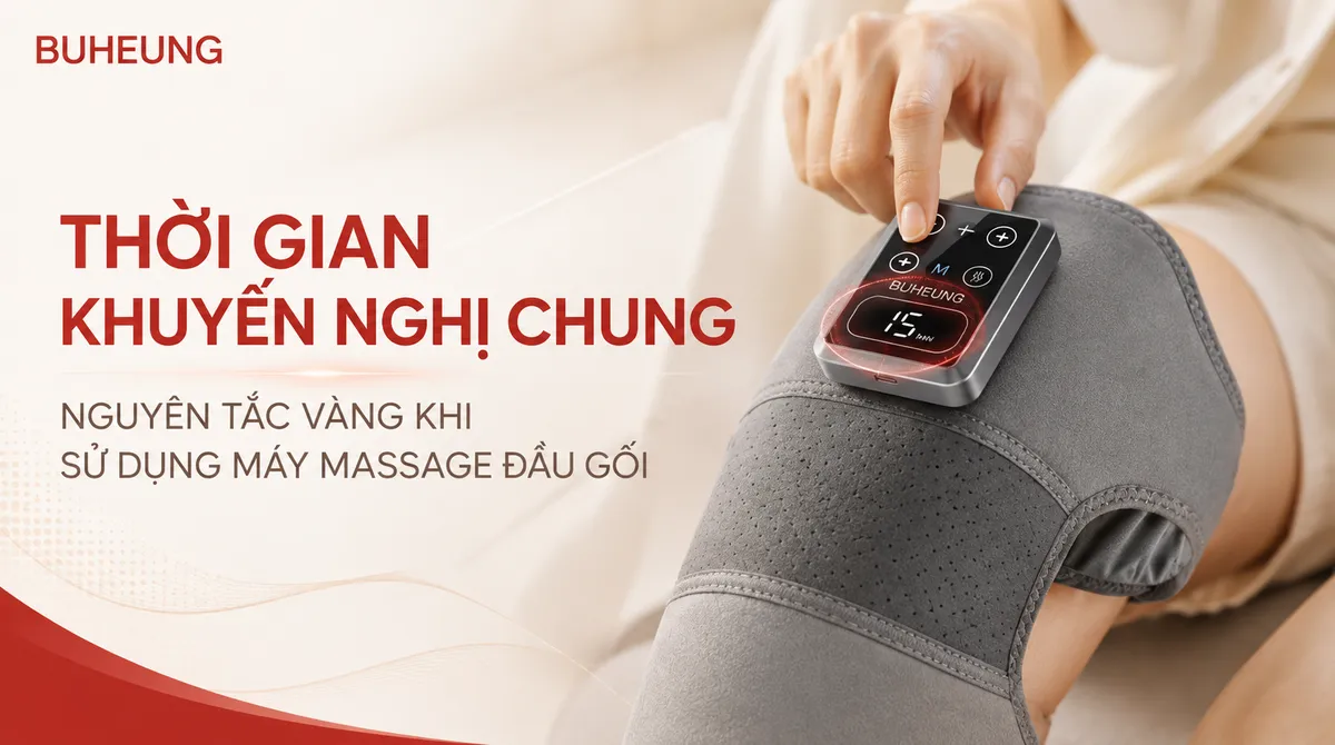 Máy Massage Đầu Gối Dùng Bao Lâu Mỗi Lần Là Phù Hợp? Hướng Dẫn Chi Tiết Từ Chuyên Gia 2 Cận cảnh máy massage đầu gối hiển thị đồng hồ hẹn giờ hoặc các nút điều khiển thời gian, nhấn mạnh tính năng điều chỉnh thời lượng sử dụng an toàn.