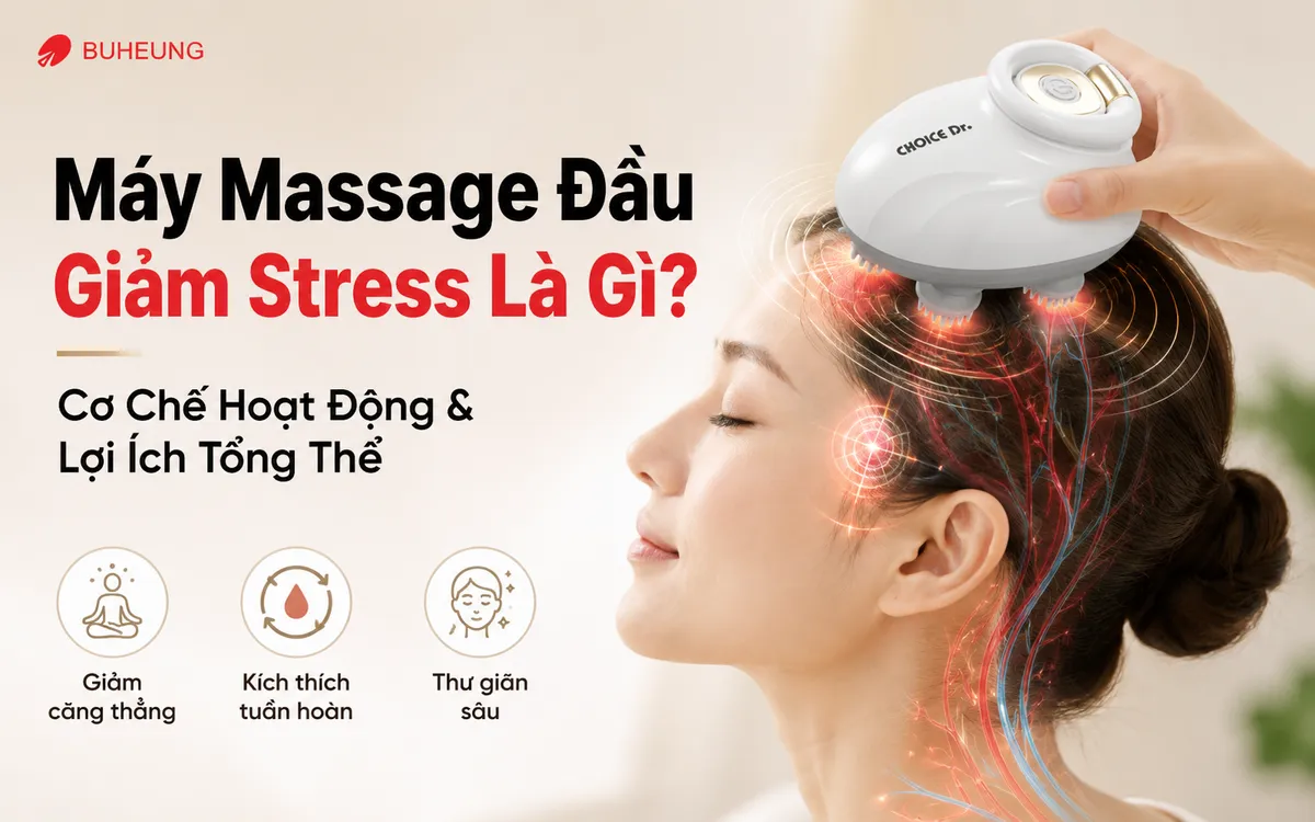 Máy massage đầu giảm stress đang hoạt động trên mô hình, minh họa cơ chế rung xoay và các khu vực massage.