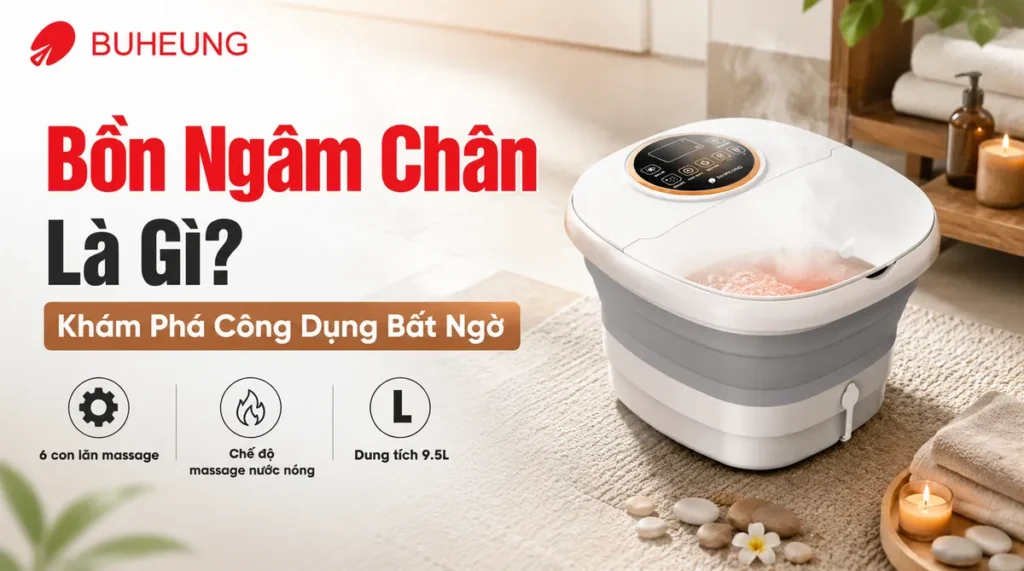 Bồn ngâm chân hiện đại đang hoạt động với hơi nước ấm, minh họa khái niệm và công dụng thư giãn. Chăm sóc đôi chân.