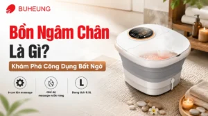 Bồn ngâm chân hiện đại đang hoạt động với hơi nước ấm, minh họa khái niệm và công dụng thư giãn. Chăm sóc đôi chân.