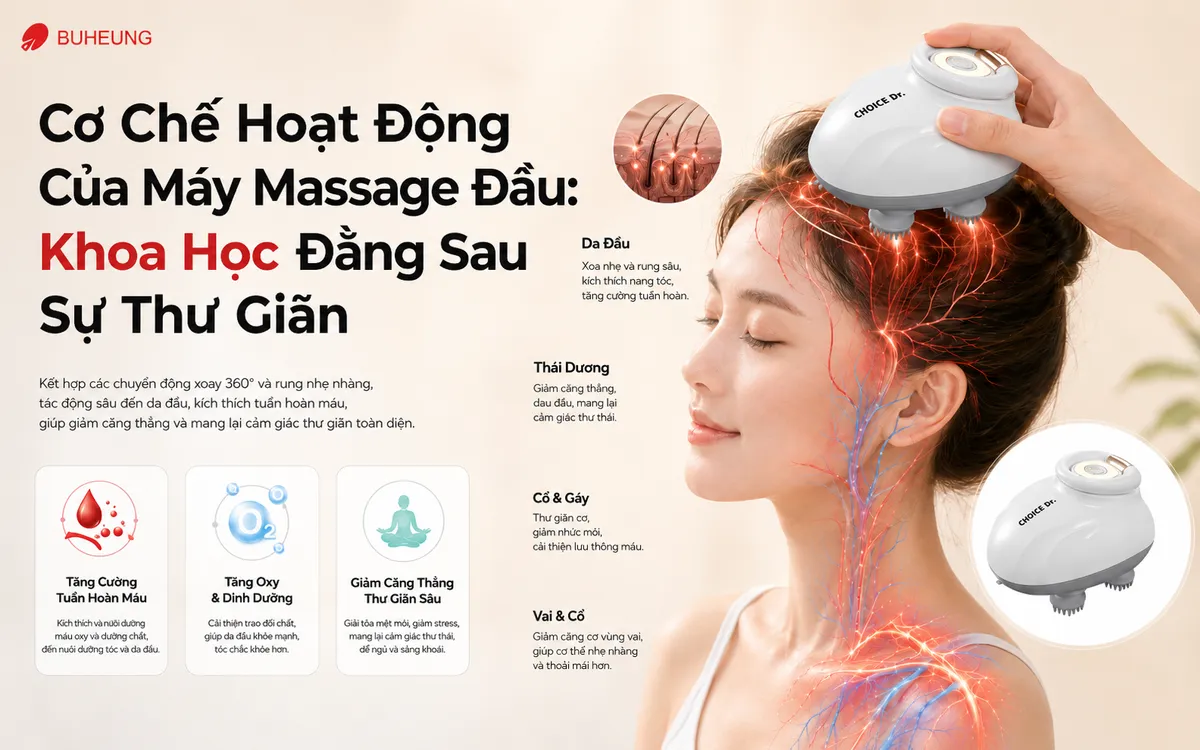 Infographic mô tả cơ chế hoạt động khoa học của máy massage đầu Choice Dr. DC-005, làm nổi bật sự tác động lên huyệt đạo và lợi ích tăng cường tuần hoàn máu, giảm căng thẳng.