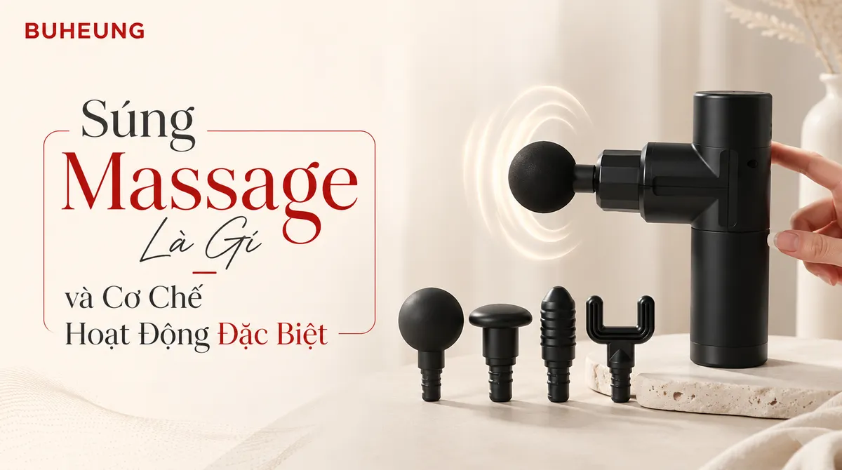 Cận cảnh súng massage Buheung MK-330 với nhiều đầu massage khác nhau, minh họa chi tiết cơ chế hoạt động gõ sâu. Từ khóa: súng massage, cơ chế hoạt động, đầu massage.