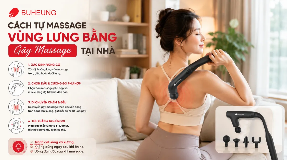 Hình ảnh người phụ nữ tự massage vùng lưng bằng gậy massage cầm tay Buheung tại nhà, mang lại cảm giác thư giãn và giảm đau hiệu quả.