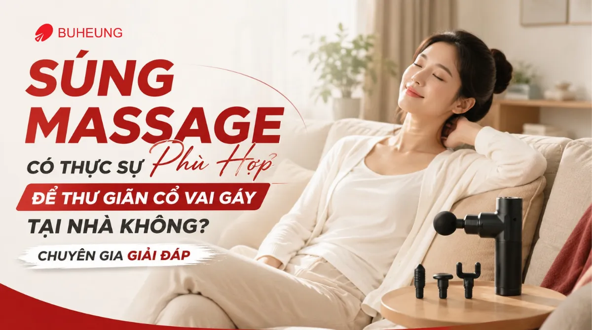 Người phụ nữ đang thư giãn cổ vai gáy thoải mái tại nhà với súng massage Buheung MK-330 đặt gần đó, gợi cảm giác bình yên và thoải mái.