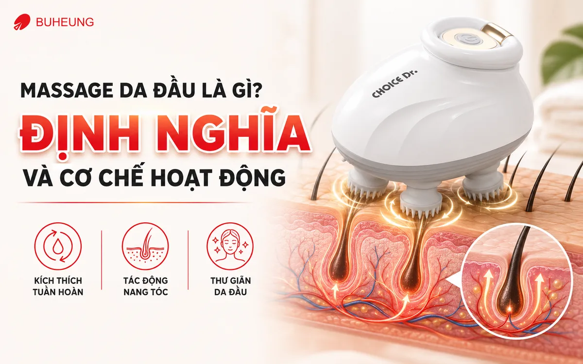 Minh họa cận cảnh ngón tay hoặc máy massage tác động lên da đầu, làm nổi bật tuần hoàn máu và nang tóc khỏe mạnh, giải thích cơ chế massage da đầu.