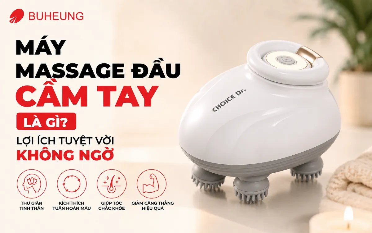 Máy Massage Đầu Cầm Tay Tốt Nhất 2026: Hướng Dẫn Chọn Mua & Đánh Giá Chi Tiết 2 Ảnh cận cảnh chiếc máy massage đầu cầm tay hiện đại với các đầu massage được thiết kế thông minh, minh họa rõ nét cấu tạo và chức năng.