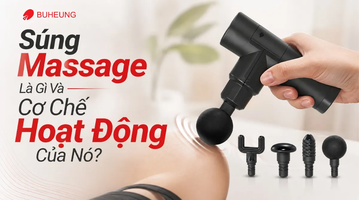 Cận cảnh súng massage Buheung MK-330 đang hoạt động, hiển thị các đầu massage đa dạng và cơ chế liệu pháp gõ mạnh mẽ của thiết bị.