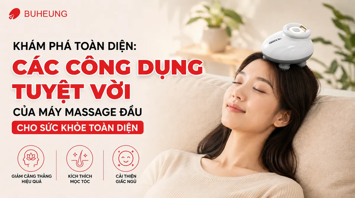 Hình ảnh một người phụ nữ trẻ đang thư giãn với máy massage đầu Choice Dr. DC-005, khuôn mặt nhẹ nhõm, không gian sống bình yên, biểu tượng cho việc giảm căng thẳng và mệt mỏi.