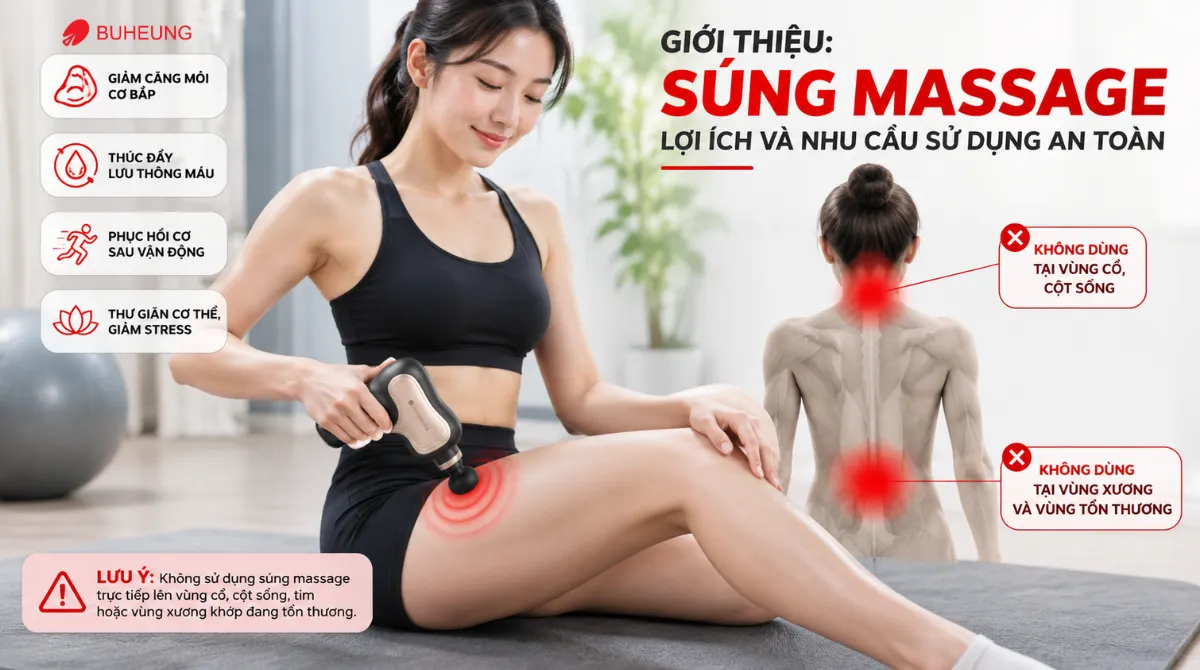 Ảnh minh họa nguy hiểm khi dùng súng massage sai vị trí, có vùng cảnh báo đỏ trên cơ thể người dùng. Từ khóa: súng massage, sử dụng an toàn, vùng cấm massage.