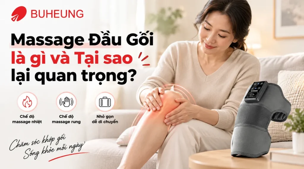 Hình ảnh cận cảnh một người đang massage đầu gối để giảm đau, thư giãn và phục hồi hiệu quả tại nhà.