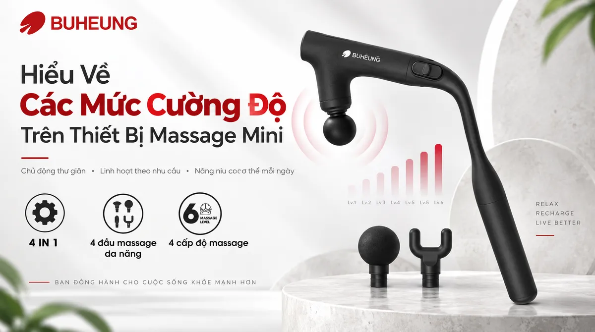 Hình ảnh cận cảnh máy massage mini Buheung với các nút điều chỉnh cường độ và đa dạng các đầu massage đi kèm, minh họa các mức cường độ khác nhau.